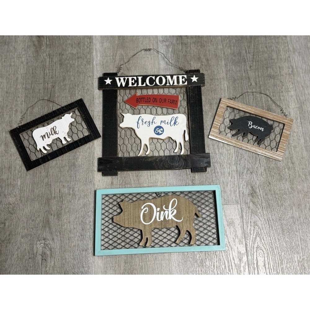 Farmhouse Hanging Wood Signs Wire Pig & Cow Rustic Distressed Decor Set Of 4 - Picture 6 of 7